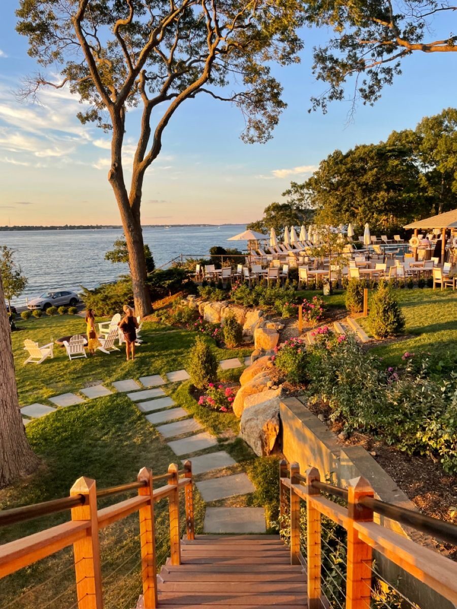 Golden-hour light over the lawn and terrace at The Pridwin, Shelter Island