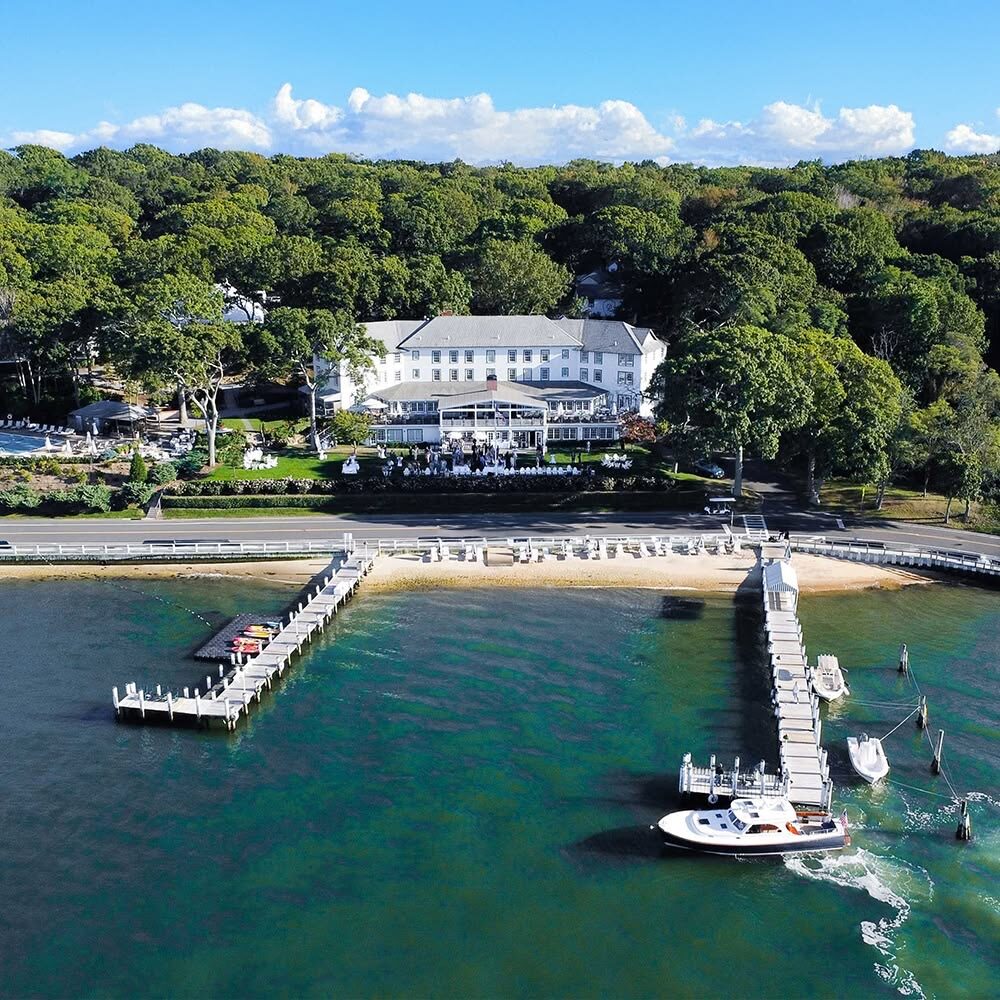 Aerial view of The Pridwin hotel and its docks on Shelter Island
