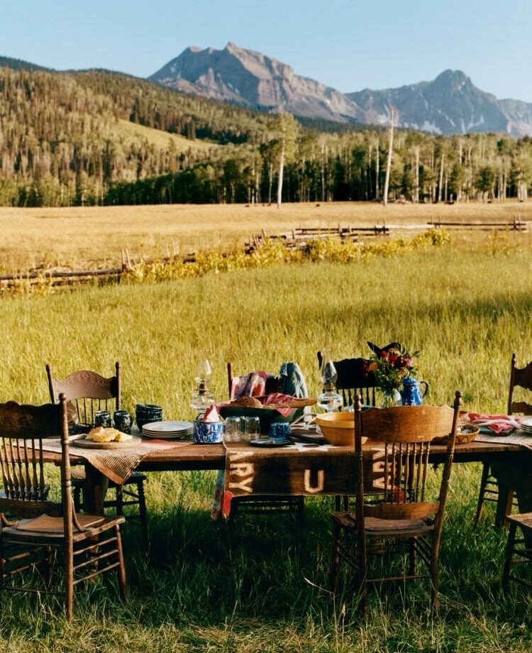 A long table set for dinner in a farm field at golden hour